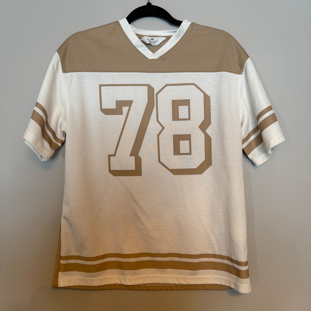 H&M Boys Jersey‎ Academy 78 White Tan Short Sleeve V Neck T Shirt Size 12-14 Y